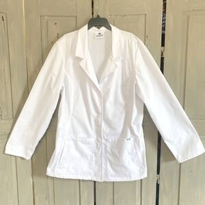 Adar Womens White Lab Coat Medical Scrub Jacket Size L Button Front‎ Long Sleeve